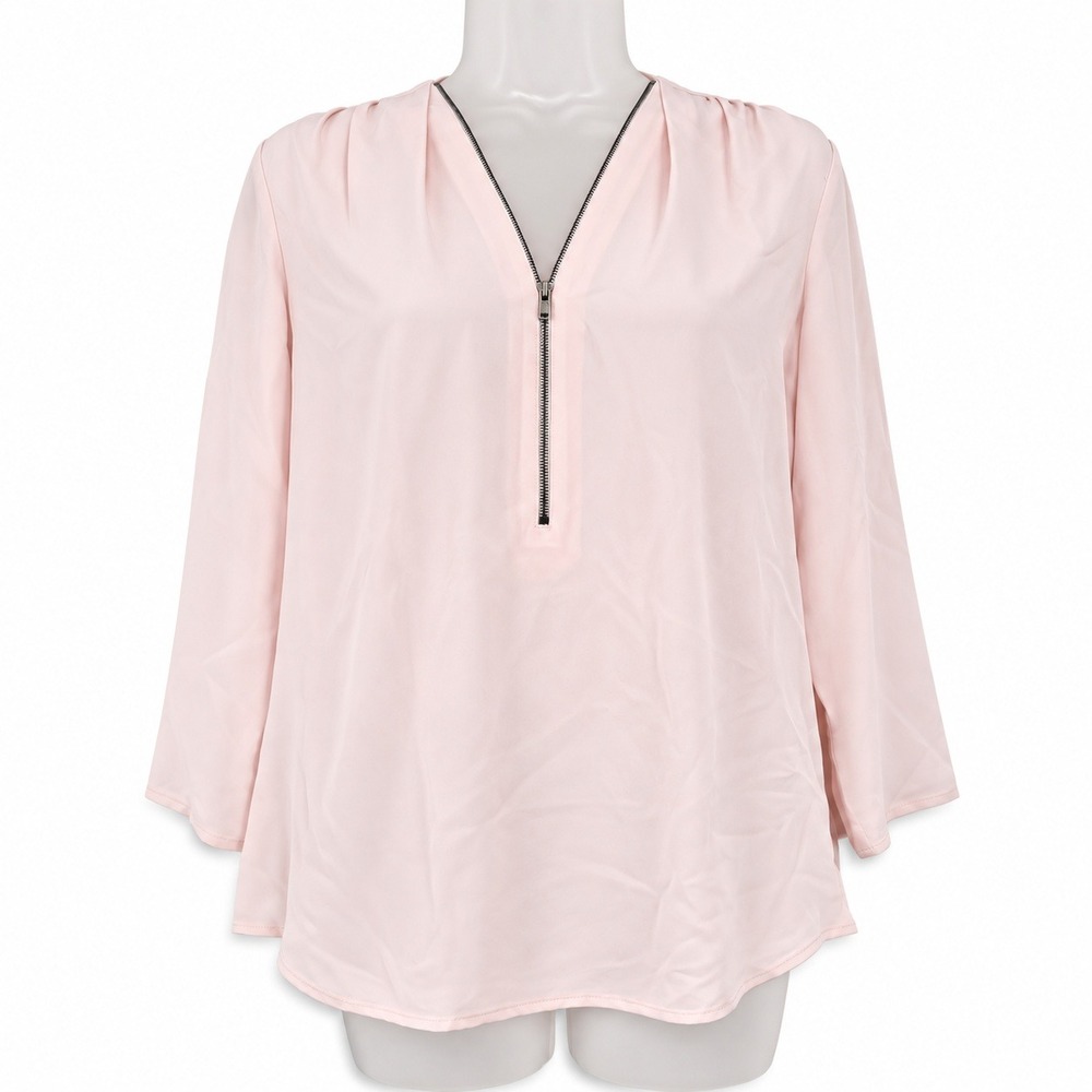 Theory Sala Top Women S Pink Silk Zip Vneck Long Sleeve Quiet Luxury Office Chic